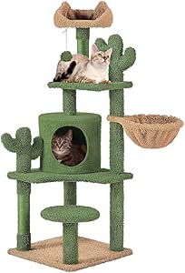 Yaheetech Arbre à Chat Cactus Hauteur 135cm Tour pour Chat Multiniveau en Tissu Moppy avec Panier Cachette Perchoirs Design Mignon Poteaux en Sisal Boule Élastique