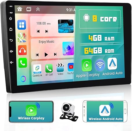 4G 64 8 Core Double Din Android 13 Car Stereo with Wireless Apple Carplay, 10.1 Inch IPS Touch Scren Radio Bluetooth 5.0, Wireless Android Auto, GPS, WiFi, 32EQ DSP, 59 UI Themes, Mic, Backup Cam