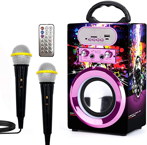 Kidsonor Kids Bluetooth Karaoke Machine with 2 Microphones, Wooden Wireless Rechargeable Remote Control Portable Karaoke Music MP3 Player Loudspeaker with Microphones for Kids Adults (Purple)
