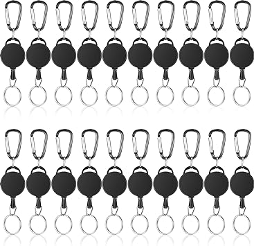 Heavy-Duty Retractable Key Chain ID Badge Holder Reel Clip with Steel Wire Rope and Metal Buckle for Carrying Keys, Black (20 Pieces)