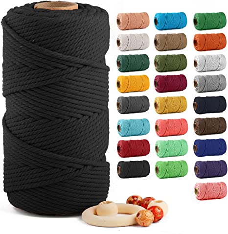 Macrame Cotton Cord 5mm x 109 Yards, ZUEXT 100% Natural Handmade Colorful 4 Strands Twisted Braided Cotton Rope for Wall Hanging Plant Hangers Gift Wrapping Tapestry DIY Crafts(100m, Black)