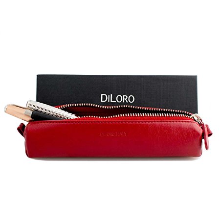 Zippered Multi Pen Pencil Case Holder Pouch in Red by DiLoro Italy Genuine Soft Nappa Leather