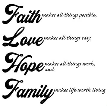 Wall Quote Decal - Faith, Love, Hope, Family Vinyl - 12” x 12” for Bedroom, Living Room, and Play Area, Easy to Install and Remove Decal