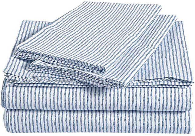 AmazonBasics Brushed Percale Cotton Bed Sheet Set, Queen, Sketched Stripe