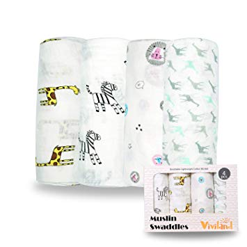 Viviland Baby Muslin Swaddle Blanket for Newborn | 100% Cotton Receiving Blanket Swaddle Wrap with Gift Box | 4 Packs 47 X 47 inch Muslin Towel | Giraffe, Zebra, Lion