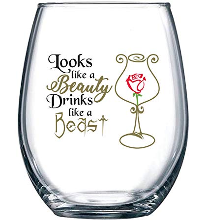 Looks Like a Beauty, Drinks Like a Beast | Funny Disney Princess Wine Glass | Perfect Girlfriend Birthday Gifts | Best Friend Gift For Women | Belle Rose Movie Themed | 15 oz Stemless Wine Glass