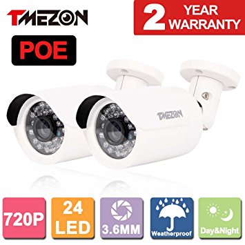 TMEZON® 2 Pack 1.0 Mega Pixel 720P 1280*720P HD-IP Full Real Time Weatherproof Outdoor Network ONVIF IP Security Camera IR Cut Day Night Vision 24IR IR LEDs for NVR System PoE Power Over Ethernet