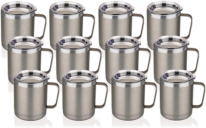 HASLE OUTFITTERS 12 oz Coffee Mug with Handle, Insulated Stainless Steel Coffee Travel Mug Set, Double Wall Vacuum Reusable Coffee Cup with Lid (Grey, 12 Pack)