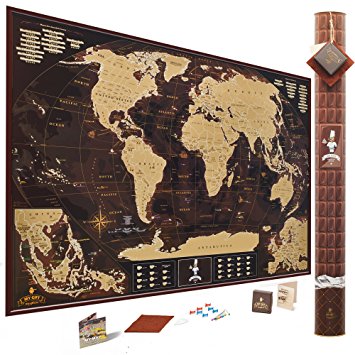 Chocolate Edition Scratch Off Map Of The World, #1 Premium Extra Large-35x25 Inches Poster, Very Detailed, w/ US States Outlined, Unique Tool Set, Top Quality Travel Map, Made in Europe!