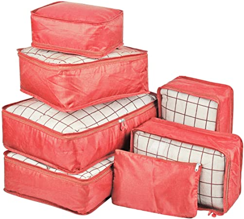 Vercord 7 Set Travel Packing Organizers Cubes Mesh Luggage Cloth Bag Cubes with Bra Underwear Cube and Shoe Pouch, Watermelon