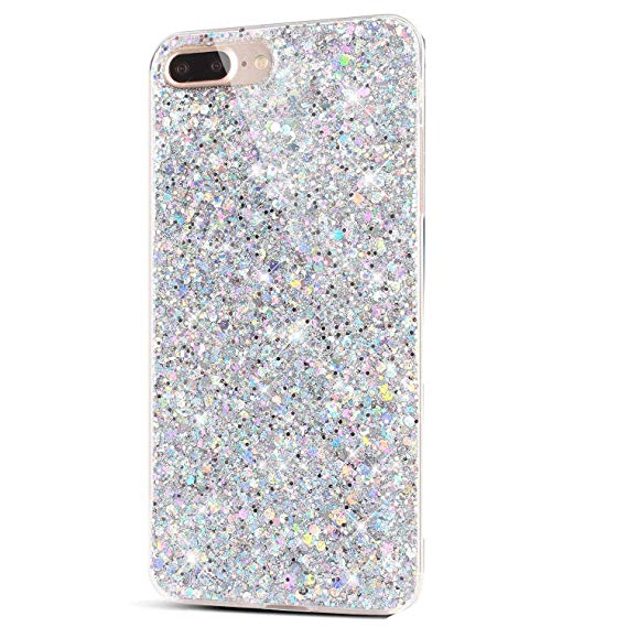 iPhone 8 Plus Case,iPhone 7 Plus Case,ikasus Sparkly Shiny Glitter Bling Powder 3D Diamond Paillette Slim Glitter Flexible Soft Rubber Gel TPU Protective Case Cover for iPhone 8 Plus / 7 Plus,Silver