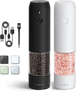 Ultrean Electric Salt and Pepper Grinder Set (2 Pack), USB Rechargeable Salt Pepper Mill Grinder with 6 Adjustable Coarseness, LED Light, One-Hand Operation for Kitchen, Restaurant, BBQ (White&Black)