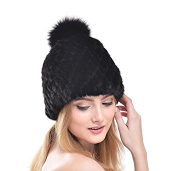 Women Mink Fur Hat - Real Winter Knit Warm Lady Beanie Genuine Fox Fur PomPom Hats