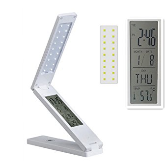 MOCREO® Dimmable Folding Touch Eye-protection Table Lamp With Display Screen(Alarm/Time/Mon/Day/Temp Showing) Built-in Rechargeable Battery Protable Lightweight Dorm Lightwedge (White)