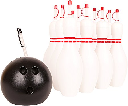 Kangaroo Water Bottles; 12 Bowling Pin & Bowling Ball Sippy Cups w/ Straws (13-Count)