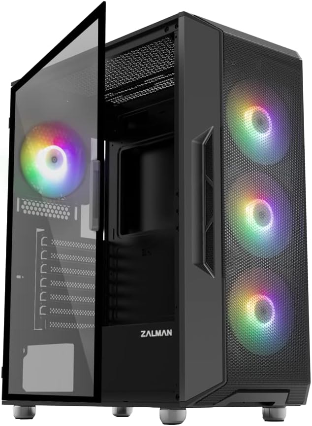 Zalman i3 NEO ATX Mid Tower Computer PC Case - 4 x 120mm Static RGB Fans Pre-Installed - Mesh Front Panel - Tempered Glass Side Panel, Black