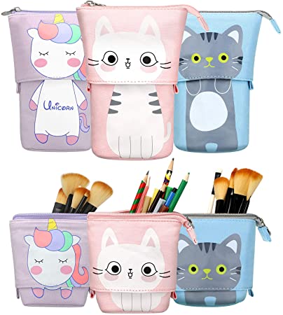 Outus 3 Pieces Transformer Stand Store Pencil Holder Canvas PU Cartoon Cute Animals Telescopic Pencil Organizer Cosmetics Pouch Makeup Bag Stationery Pen Case (Gray Cat, Unicorn, Clever Cat)