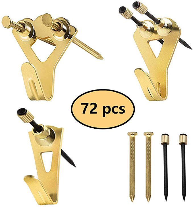 Picture Hangers, Picture Hanging Kits, 72 Pieces Picture Photo Frame Hooks for Heavy Duty Picture Hanging with Wall Mounting Nails Supports 30-100 lbs(Golden)