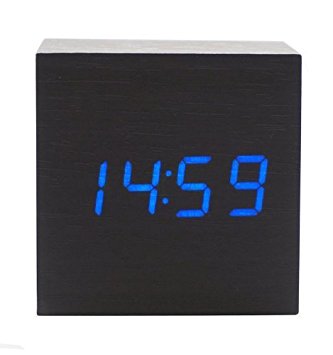 Elecsmart USB/ AA Battery Powered Creative Voice Sound Activated Wood LED Digital Alarm Wooden Clock Despertador with Temperature Display Adjustable Brightness(Black Wood   Blue Light)
