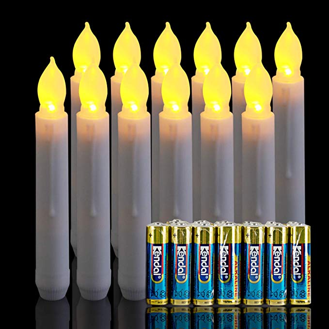 Homemory 12 PCS Flameless LED Taper Candles and 24 PCS Batteries (Lasting Over 800 Hours), Battery Operated Candlesticks with Warm Yellow Flickering Flame, Dia 0.8"x H 6.5"