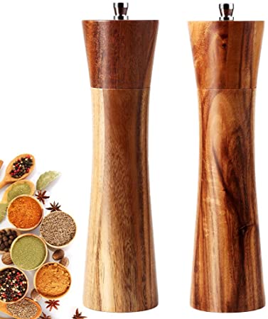 Salt and Pepper Grinders Set, 8 inch Acacia Wooden Salt and Pepper Mills Shakers Kit Ceramic Rotor with Strong Adjustable Coarseness