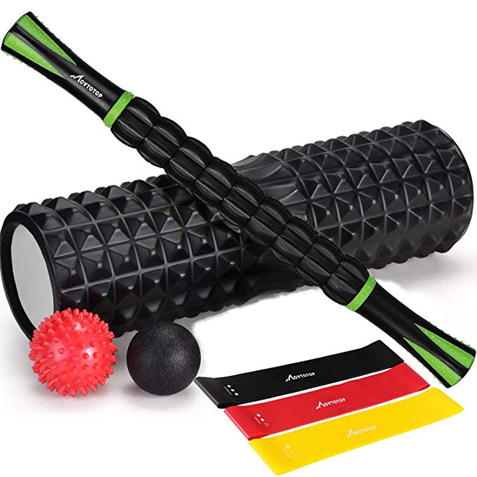 MOVTOTOP Foam Roller, Muscle Roller Stick, 3 Resistance Bands 2 Massage Lacrosse Ball with Carry Bag, Massage Roller Set Physical Therapy & Exercise, Fitness