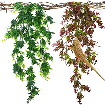 kathson Reptile Plants Hanging Fake Vines Artificial Leaves Terrarium Plants with Suction Cup Habitat Decoration Accessories for Bearded Dragons Lizards Geckos Snake Hermit Crab Chameleon(2 Pcs)…