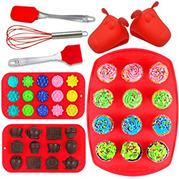 Joiedomi 8-Pieces Silicone Bakeware Set Including Muffin Cupcake Mold Baking Tray, Chocolate Candy Ice Molds, Gloves, Full Size Utensils - Tray, Spatula and Whisk! NO BPA!