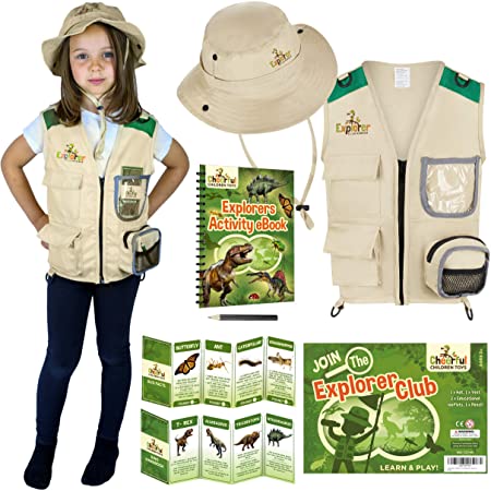 Kids Explorer Costume including Safari Vest and Hat - Perfect gift for boys and girls aged between 3-7 - Role play as paleontologist zoo keeper park ranger or fishing. Includes bonus dinosaur content