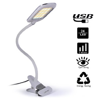 Dimmable LED Desk Lamp Lofter® 5W USB Powered Eye-caring Table Lamps with 24 LEDs, 2 Dimming Levels, 3 Lighting Modes Flexible Clip On Lights for Reading,Studying,Working,Bedroom,Office (White)