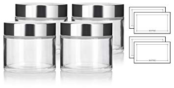Clear Glass Heavy Base Thick Wall Luxury Professional Balm Jars with Silver Metal Lid - 8 oz / 220 ml (4 Pack)   Labels
