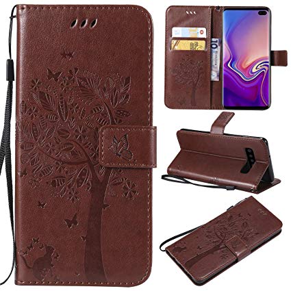 NOMO Galaxy S10 Case,Samsung S10 Wallet Case,Galaxy S10 Flip Case PU Leather Emboss Tree Cat Flowers Folio Magnetic Kickstand Cover with Card Slots for Samsung Galaxy S10 Brown