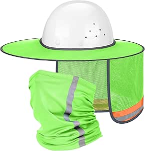 2 Pcs Sun Hard Hat Neck Protection High Visibility Full Brim Mesh Sun Protection and Neck Gaiter Bandana Face Scarf for Hard Hat Accessories, Reflective (Green)