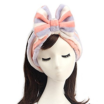 Shintop Women Fashion Lovely Soft Carol Fleece Bowknot Bow Makeup Cosmetic Shower Elastic Hair Band Hairlace Headband (Purple Stripe)
