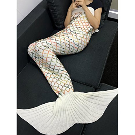 FEESHOW Mermaid Tail Blanket Handcrafted Crochet Knitting Sofa Blanket Rug Soft Sleeping Bag (white check)