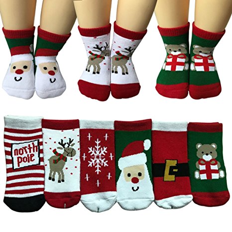 Kakalu 6 Pair Baby Christmas Socks Thickened Cotton Little Kids Holiday Toddler Girls Boys Ankle Socks For 6-28 Months