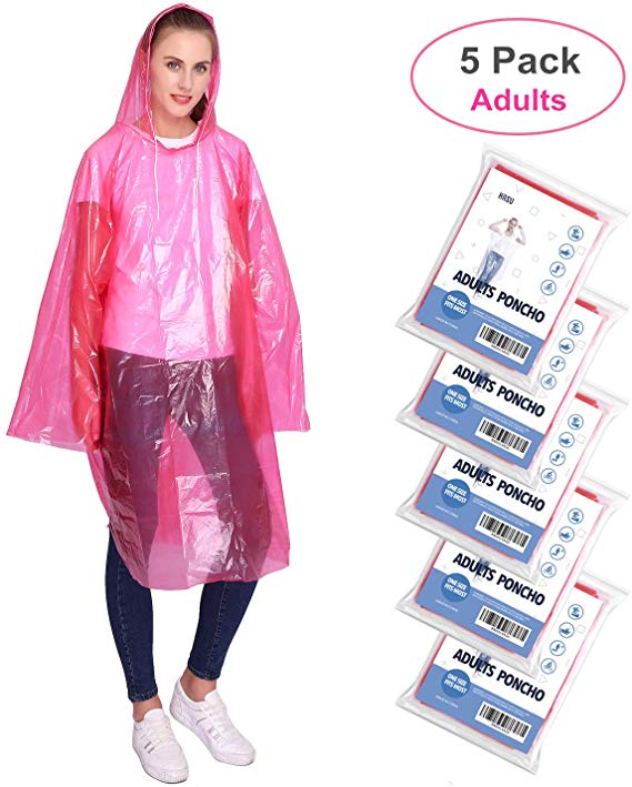 Emergency Rain Ponchos for Adults, Disposable Drawstring Hood Poncho for Outdoors, Theme Parks, Hiking, Camping, School Sporting Corporate Events Group Activity - 5 Pack, Red
