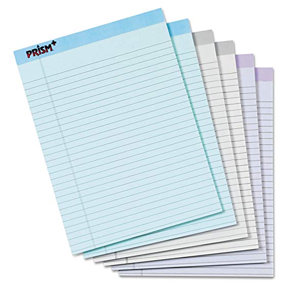 TOPS Prism  Writing Pads, 8-1/2" x 11-3/4", Assorted Colors 2 Each: Gray, Orchid, Blue, Legal Rule, 50 Sheets, Perforated Pages, 6 Pack (63116)