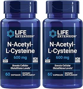 Life Extension N-Acetyl-L-Cysteine (NAC), Immune, Respiratory, Liver Health, NAC 600 mg, Potent antioxidant Support, Free-radicals, Easy to Absorb - Two Pack x 60 Capsules