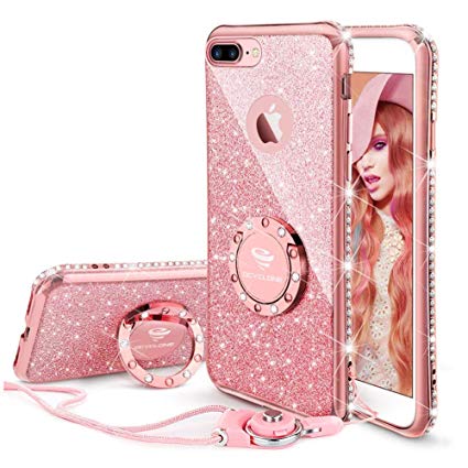 OCYCLONE iPhone 8 Plus Case, iPhone 7 Plus Case, Cute Bling Case for Girls Women Ladies Glitter Diamonds with Ring Kickstand Pink iPhone 7 Plus/8 Plus Case - Rose Gold