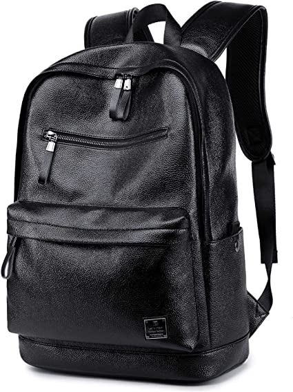 Black Leather Laptop Backpack for Men Women School College Bookbag for Student Computer Rucksack for Work Fits 15.6 Inch Laptop