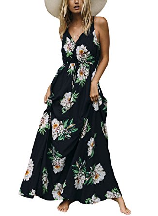 Diukia Women Casual Floral Print V Neck Long Beach Dress Boho Maxi Dress