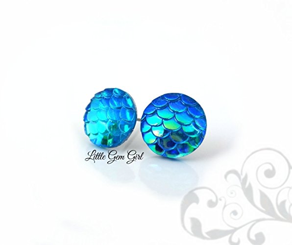 Small Iridescent Aqua Blue Green Color Changing Dragon or Mermaid Scale Stud Earrings - 10mm or 12mm Round w/ Titanium or Surgical Stainless Steel Posts Nickel Free for Sensitive Ears