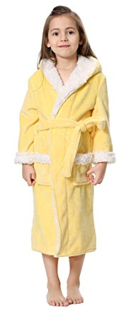 FLYCHEN Girls' Hooded Bathrobe Spa Fleece Loungewear Long