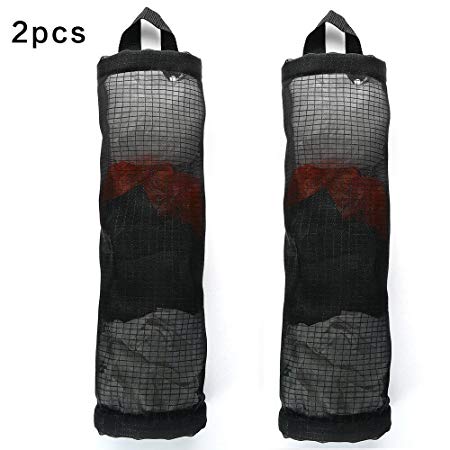 Hanging Folding Mesh Garbage Bag Organizer Trash Bags Holder Recycling Containers Plastic Waste Bag Storage for Kitchen (Black)-2pcs