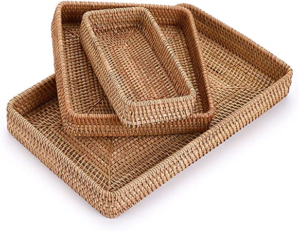 Hipiwe Large Rattan Serving Tray, Handwoven Wicker Basket Organizer Tray, Rectangle Tabletop Breakfast Drinks Snack Fruit Storage Platter Tray for Dining, Coffee, Home Decor (Set of 3)