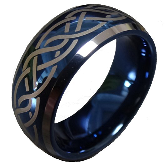 Mens Womens 8mm Blue Tungsten Carbide Wedding Ring Laser Celtic Knot Engagement Promise Band Comfort Fit