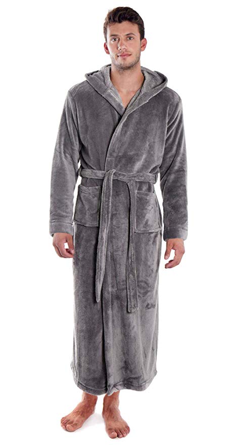 Verabella Women Men's Long Plush Fleece Robe with Hood, Solid Color Bathrobe