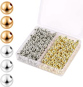 400 PCS 4mm Gold Beads for Jewelry Making Gold Plastic Beads Gold Plated Brass Beads Gold Smooth Round Spacer Beads for DIY Bracelet Jewelry Making Clamp End Stopper Spacer Beads (Gold and Silver)