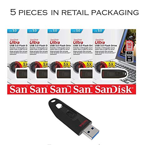 SanDisk Cruzer Ultra 16GB USB 3.0 Flash Drive SDCZ48-016G-U46 up to 100MB/s (Pack of 5)